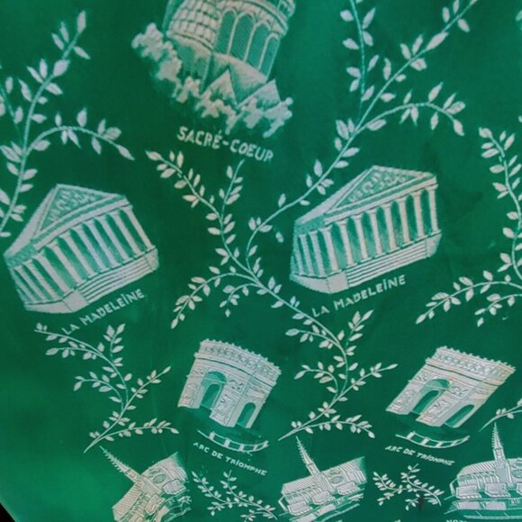 Distressed Antique Green Scarf Paris Souvenir With Landmarks & Moth Holes 47" - Picture 5 of 11